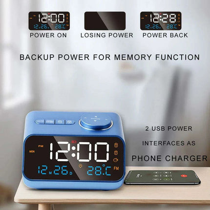 Sleek LED Alarm Clock with FM Radio, Temperature & Humidity Display for a Stylish Bedside Experience - Très Elite