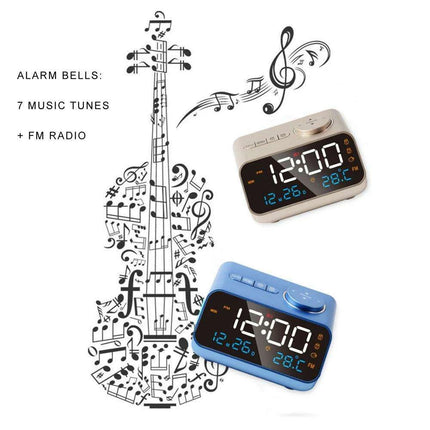 Sleek LED Alarm Clock with FM Radio, Temperature & Humidity Display for a Stylish Bedside Experience - Très Elite