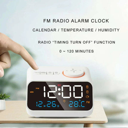 Sleek LED Alarm Clock with FM Radio, Temperature & Humidity Display for a Stylish Bedside Experience - Très Elite