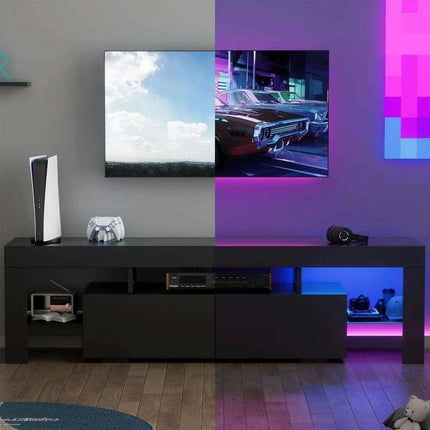 Sleek LED-Illuminated TV Stand with Glass Shelves and Storage, Fits TVs up to 70 Inches - Très Elite