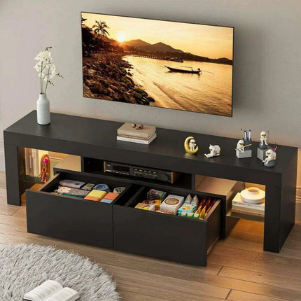 Sleek LED-Illuminated TV Stand with Glass Shelves and Storage, Fits TVs up to 70 Inches - Très Elite