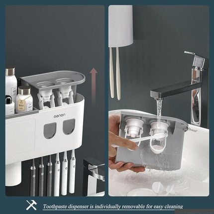Sleek Magnetic Toothbrush and Toothpaste Organizer with Automatic Dispenser for a Stylish Bathroom Upgrade..