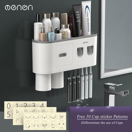 Sleek Magnetic Toothbrush and Toothpaste Organizer with Automatic Dispenser for a Stylish Bathroom Upgrade..