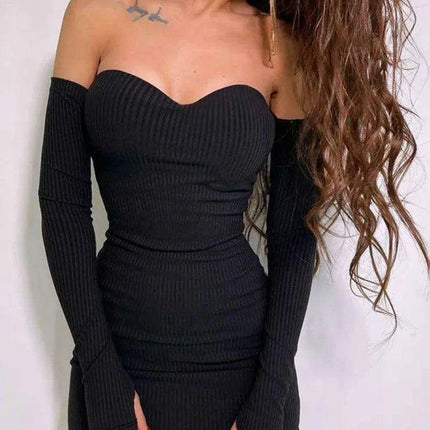 Sleek Off-Shoulder Ribbed Bodycon Mini Dress for Women with Long Sleeves and Elevated Waistline - Très Elite