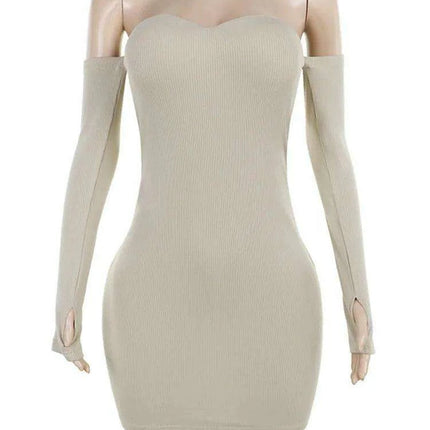 Sleek Off-Shoulder Ribbed Bodycon Mini Dress for Women with Long Sleeves and Elevated Waistline - Très Elite