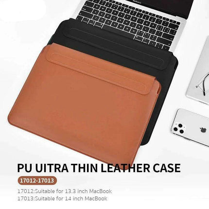 Sleek PU Leather MacBook Sleeve with Magnetic Closure - Brown/Black Case for 13.3/14 Inch Laptops - Très Elite