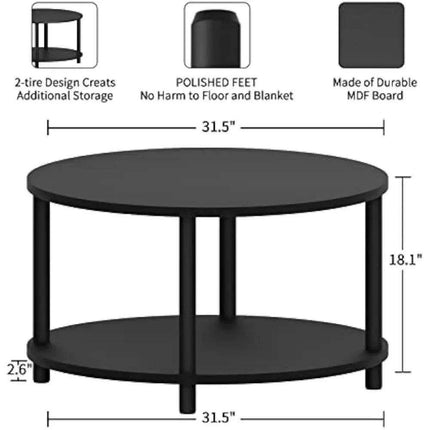 Sleek Round Black Wood Coffee Table with Multi-Level Storage - Durable Metal Legs for Home and Office - Très Elite