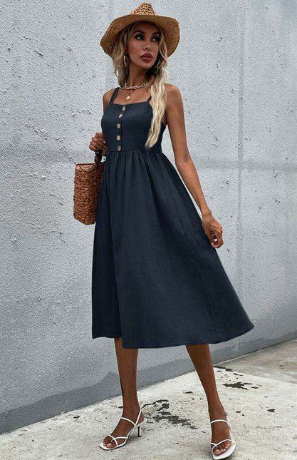 Sleek Sleeveless Hemp Dress with High Waist and Sling Collar