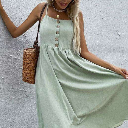 Sleek Sleeveless Hemp Dress with High Waist and Sling Collar - Très Elite