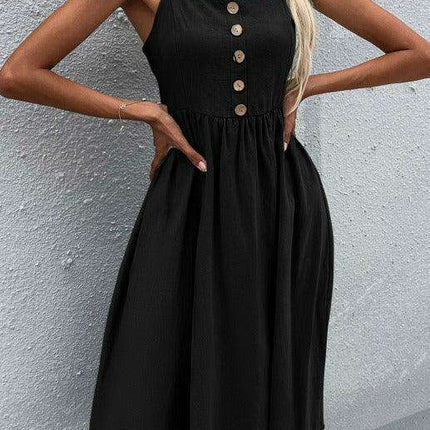 Sleek Sleeveless Hemp Dress with High Waist and Sling Collar - Très Elite