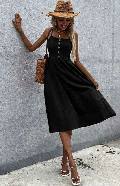 Sleek Sleeveless Hemp Dress with High Waist and Sling Collar