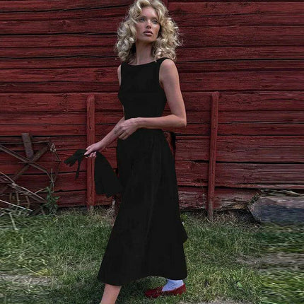 Sleeveless A-line Maxi Gown - Elegant Backless High Waist Dress - Très Elite