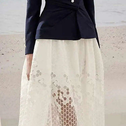 Sleeveless Blazer with Lace Long Skirt and Elegant Hollow Out Details - Très Elite