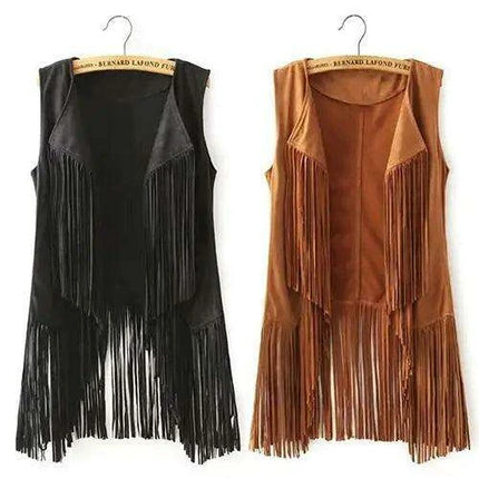 Sleeveless Faux Leather Women's Motorcycle Vest with Bohemian Suede Tassels and Fringe - Très Elite