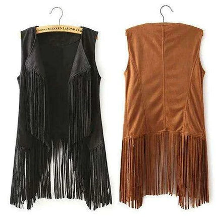 Sleeveless Faux Leather Women's Motorcycle Vest with Bohemian Suede Tassels and Fringe - Très Elite