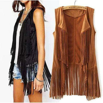 Sleeveless Faux Leather Women's Motorcycle Vest with Bohemian Suede Tassels and Fringe - Très Elite