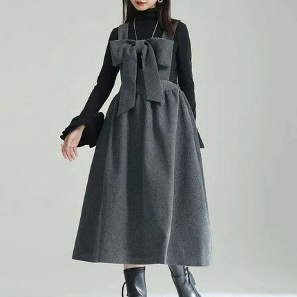 Sleeveless Gray Woolen Dress for Women with Bow Detail - Très Elite