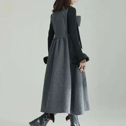 Sleeveless Gray Woolen Dress for Women with Bow Detail - Très Elite