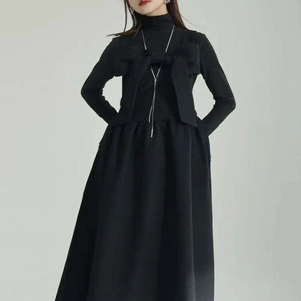 Sleeveless Gray Woolen Dress for Women with Bow Detail