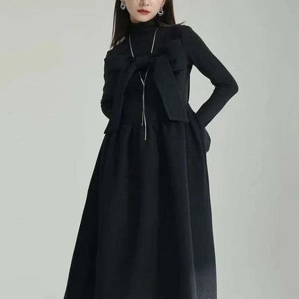 Sleeveless Gray Woolen Dress for Women with Bow Detail - Très Elite