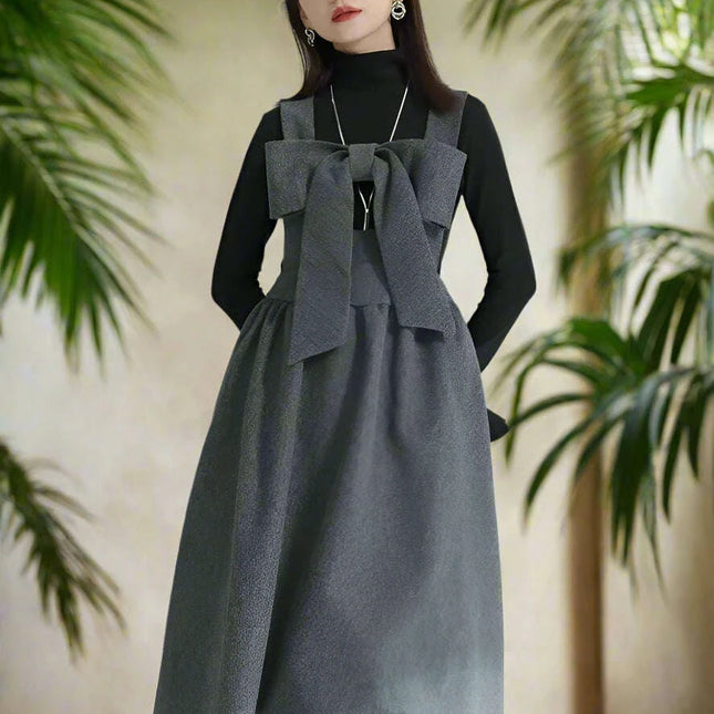 Sleeveless Gray Woolen Dress for Women with Bow Detail