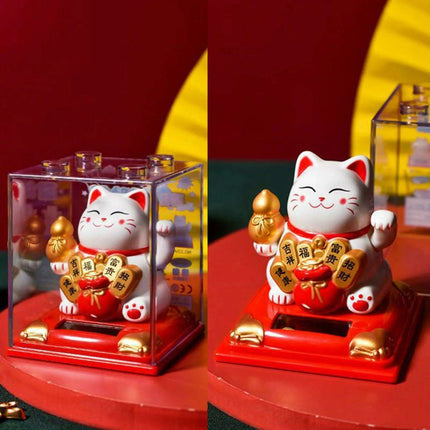 Solar Waving Lucky Cat: Eco-Friendly Maneki Neko for Home and Office Good Fortune - Très Elite