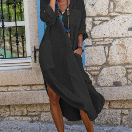 Solid color buttoned slit loose breathable casual long shirt dress