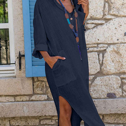 Solid color buttoned slit loose breathable casual long shirt dress