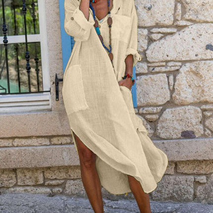 Solid color buttoned slit loose breathable casual long shirt dress