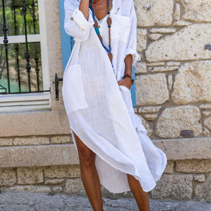 Solid color buttoned slit loose breathable casual long shirt dress