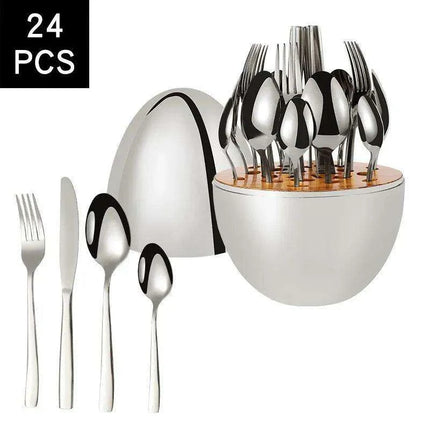 Sophisticated 24-Piece Stainless Steel Dining Collection with Unique Egg-Shaped Cutlery - Très Elite