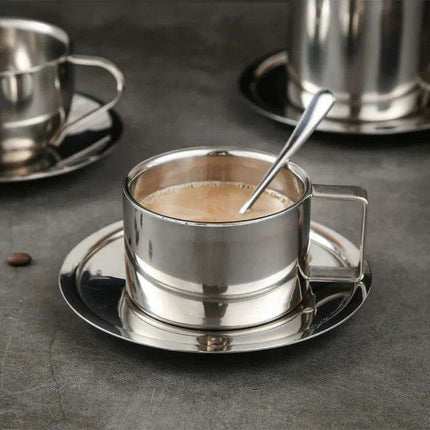 Sophisticated 304 Stainless Steel Coffee Mug Set with Saucer and Spoon - Très Elite