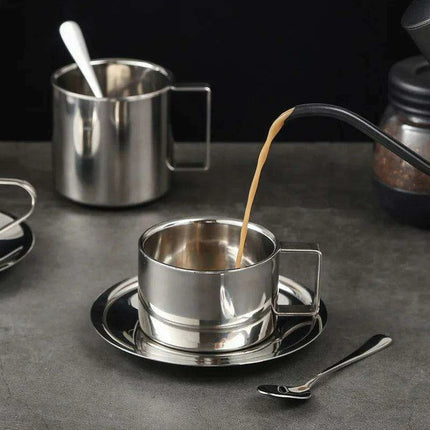 Sophisticated 304 Stainless Steel Coffee Mug Set with Saucer and Spoon - Très Elite