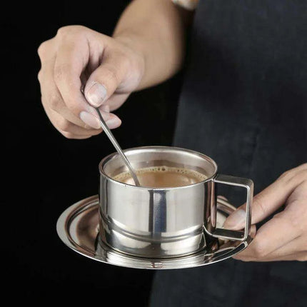 Sophisticated 304 Stainless Steel Coffee Mug Set with Saucer and Spoon - Très Elite