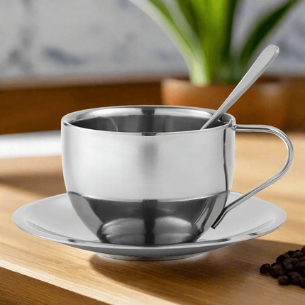 Sophisticated 304 Stainless Steel Coffee Mug Set with Saucer and Spoon - Très Elite