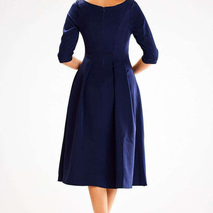 Sophisticated 3/4 Sleeve Boat Neck Flared Dress - Expertly Made in EU - Très Elite