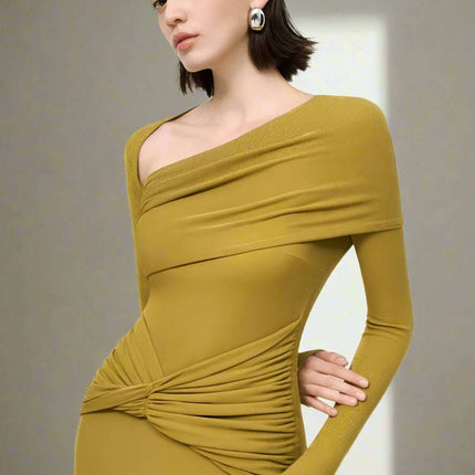 Sophisticated Asymmetrical Knit Dress with Pleats and Cross Collar for Women - Form-Fitting Autumn Evening Dress 2024 - Très Elite