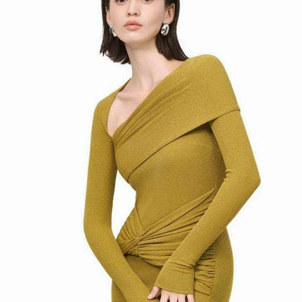 Sophisticated Asymmetrical Knit Dress with Pleats and Cross Collar for Women - Form-Fitting Autumn Evening Dress 2024 - Très Elite