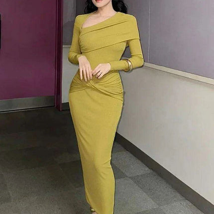 Sophisticated Asymmetrical Knit Dress with Pleats and Cross Collar for Women - Form-Fitting Autumn Evening Dress 2024 - Très Elite