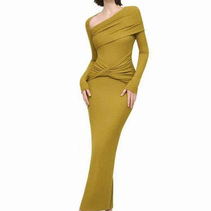 Sophisticated Asymmetrical Knit Dress with Pleats and Cross Collar for Women - Form-Fitting Autumn Evening Dress 2024