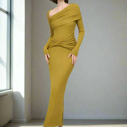 Sophisticated Asymmetrical Knit Dress with Pleats and Cross Collar for Women - Form-Fitting Autumn Evening Dress 2024 - Très Elite