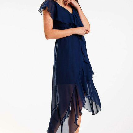 Sophisticated Asymmetrical Ruffle V-Neck Midi Dress - Très Elite