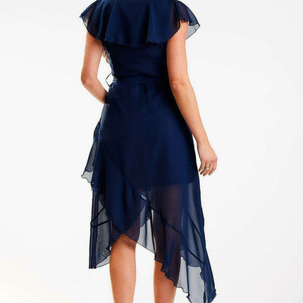 Sophisticated Asymmetrical Ruffle V-Neck Midi Dress - Très Elite