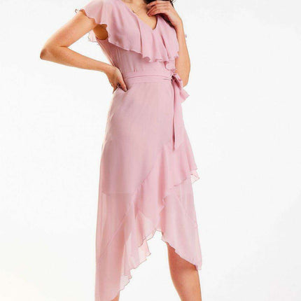 Sophisticated Asymmetrical Ruffle V-Neck Midi Dress - Très Elite