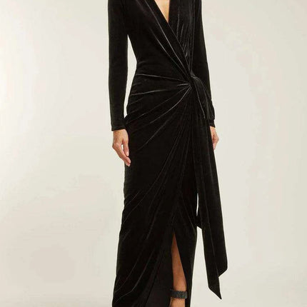 Sophisticated Asymmetrical Velvet Evening Dress with Alluring Deep V-neck - Très Elite