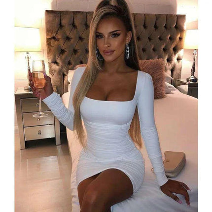 Sophisticated Autumn Pleated Bodycon Dress with Long Sleeves and Square Neck for Women by Josiaoprah - Très Elite