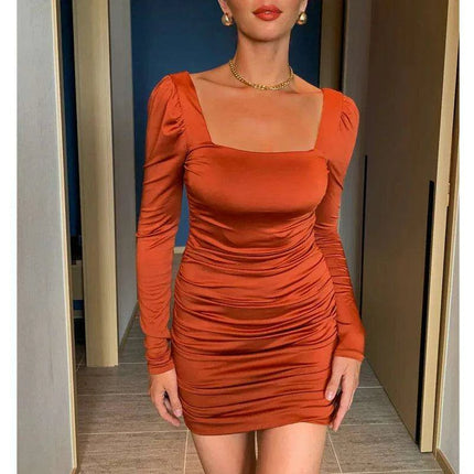 Sophisticated Autumn Pleated Bodycon Dress with Long Sleeves and Square Neck for Women by Josiaoprah - Très Elite