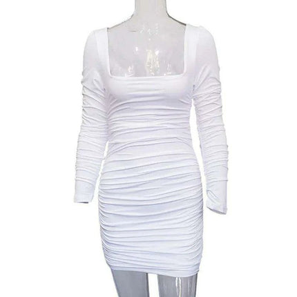 Sophisticated Autumn Pleated Bodycon Dress with Long Sleeves and Square Neck for Women by Josiaoprah - Très Elite