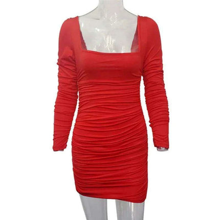 Sophisticated Autumn Pleated Bodycon Dress with Long Sleeves and Square Neck for Women by Josiaoprah - Très Elite