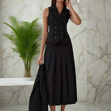 Sophisticated Autumn Women's Two-Piece Vest and Pleated Skirt Ensemble - Très Elite